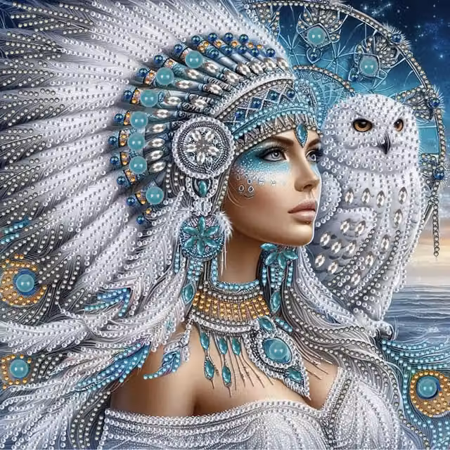 Syntego Lady and Owl with Feather Headdress Diamond Painting Kit, Multicolour, 30 x 30 cm
