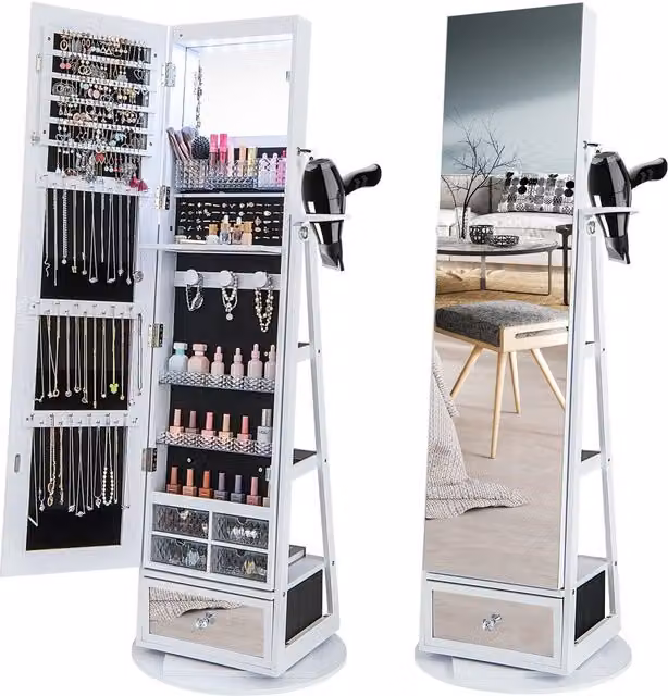 Costway White Floor Standing Swivel Jewelry Armoire with Full Length Mirror, LED Lighting and Lockable Storage