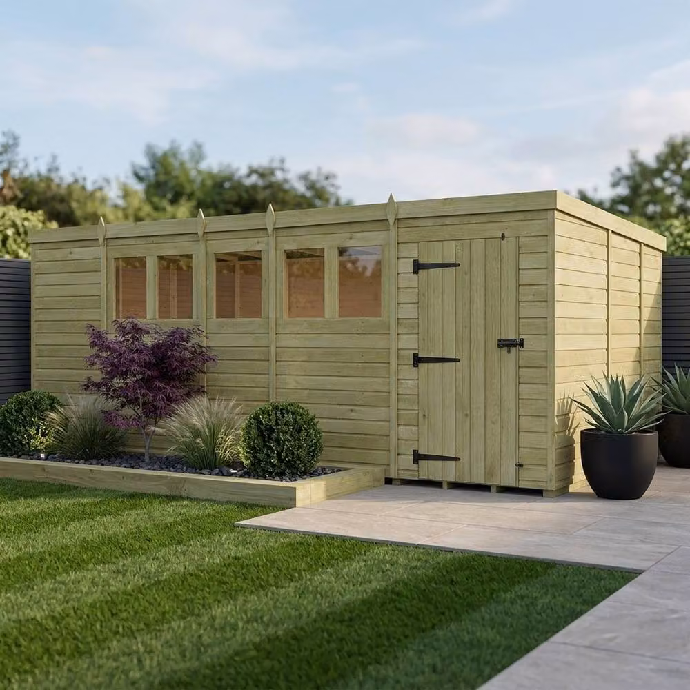 Buttercup Farm Rustic Brown Timber Pent Garden Shed with Single Door and Windows, W: 579 cm, D: 274 cm, H: 210 cm – 2