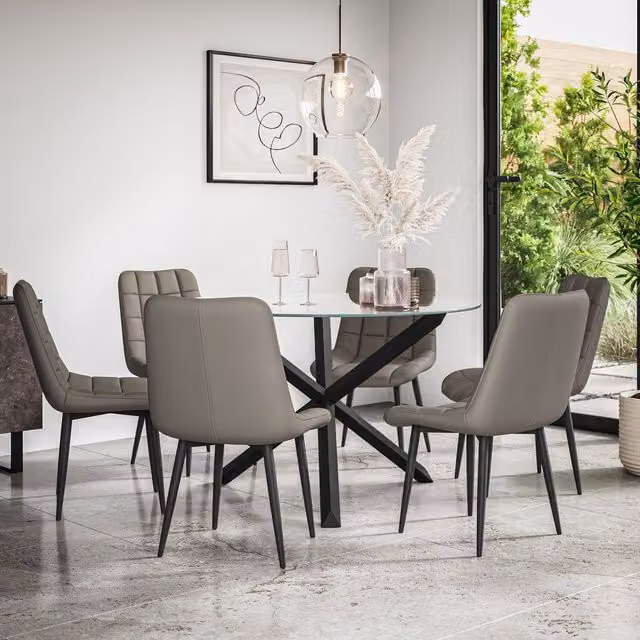More4Homes Malvern Round Dining Table and 6 Nova Faux Leather Chairs Set, Clear Glass Top with Solid Oak Black Legs and Grey Chairs, Diameter: 120 cm, Height: 75 cm