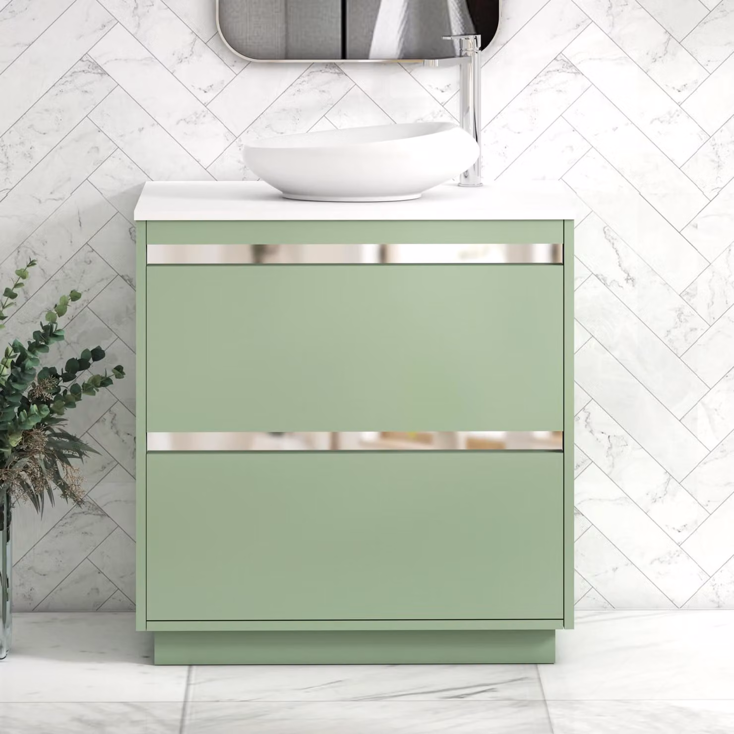 Royal Bathrooms Orion 800mm Mint Sage Floor Standing 2 Drawer Vanity Unit with Nova Basin and Chrome Accent Trim