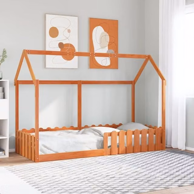 Berkfield Home Kids House Bed Frame in Waxed Brown Solid Pine, W/D/H: 80 x 200 cm – 1