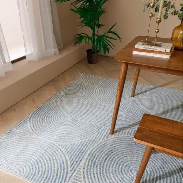 Furniturebox UK Swirl Wave Modern Rectangular Rug in Blue and Beige, W: 290 cm, D: 200 cm