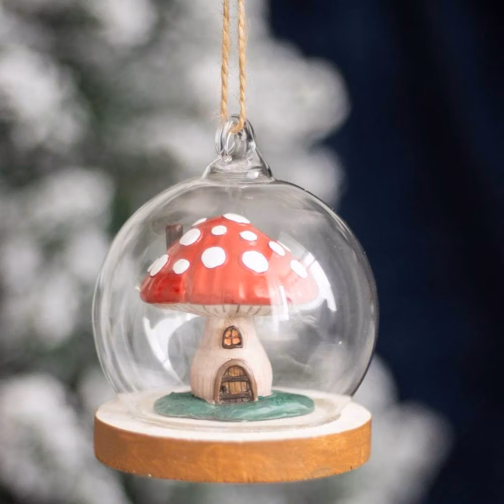 Uniqueful Mushroom House Glass Dome Hanging Pendant Decoration, Multicolour Red and Transparent – 2