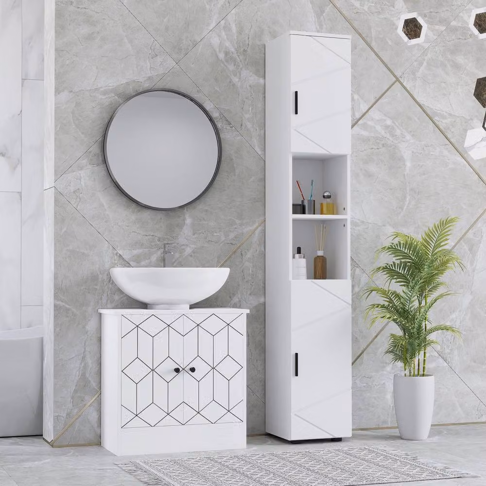 Wyld Haus Dohifa Tall Bathroom Storage Cabinet in White with Embossed Doors and LED Lighting, H 183 cm x W 30 cm x D 30 cm – 3