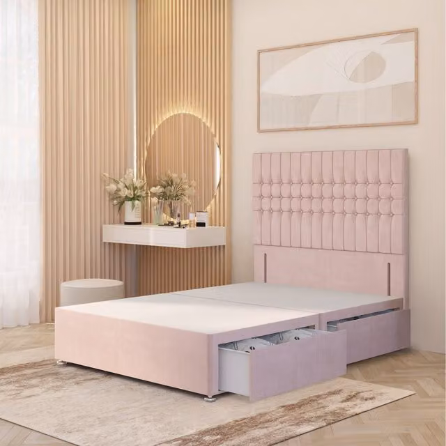 Somnior Beds Ltd Lexington Divan Bed Base with 4 Drawers and 54 inch Floor Standing Headboard in Pink Plush Velvet, W/D/H: 120 x 200 cm
