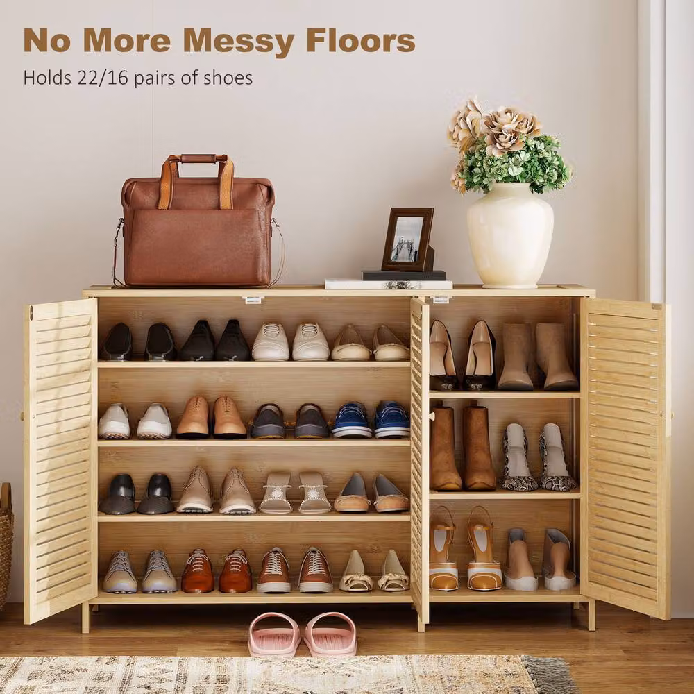 STILVORA Scandinavian Bamboo Shoe Cabinet in Beige with 3 Hinged Doors and Internal Shelves – 3