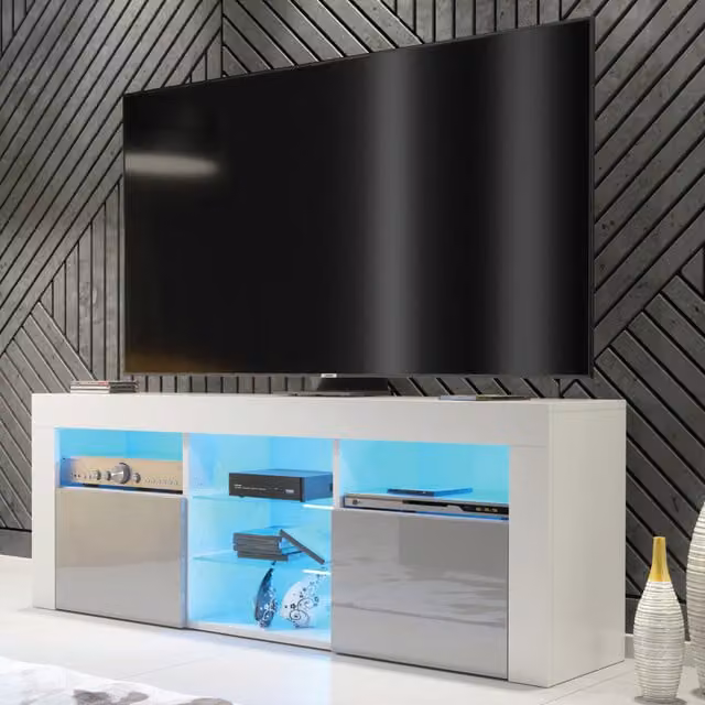 Creative Furniture Pulse TV Unit with Glossy Doors and LED Lights in White and Grey, W: 145 cm, H: 53 cm, D: 35 cm