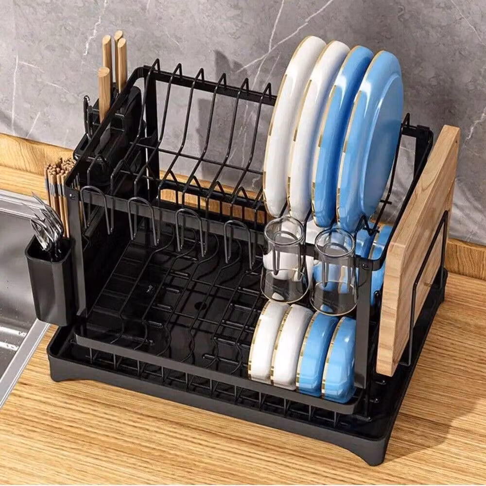 Kelvenix 2 Tier Black Coated Steel Dish Rack with Drip Tray and Cutlery Holder – 3