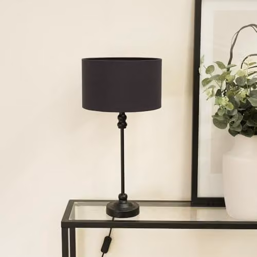 ValueLights Maggie Black Metal Candlestick Slim Table Lamp with Fabric Drum Shade – 2