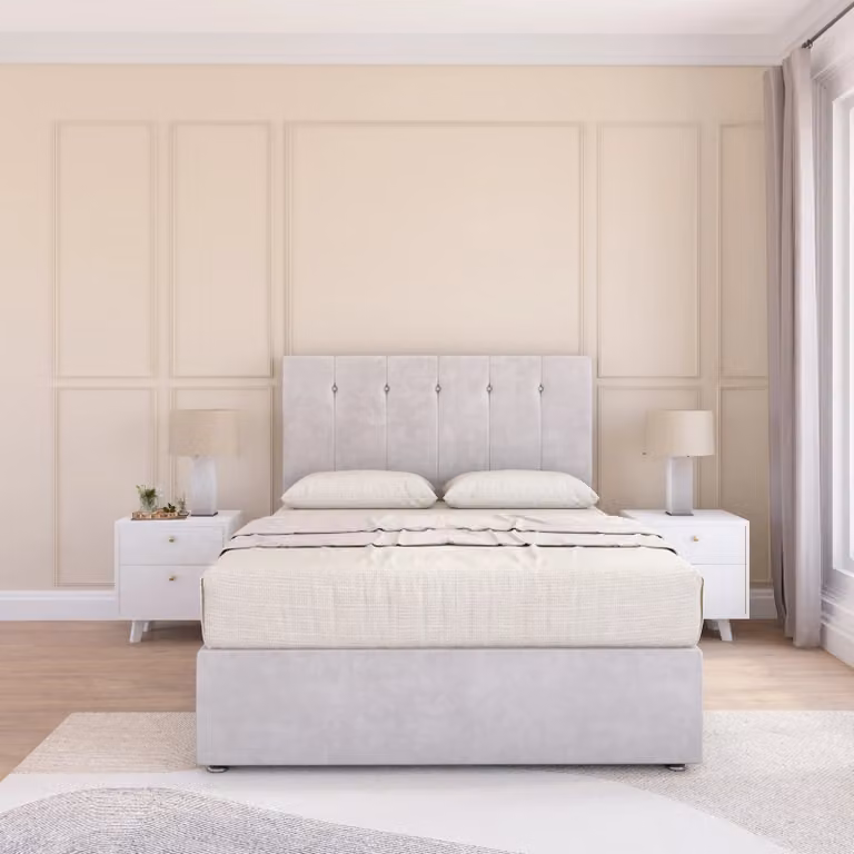 Sloomy Highbury Double Divan Bed Base and Floor Standing Headboard in Silver Fabric, W/D/H: 140 x 200 cm