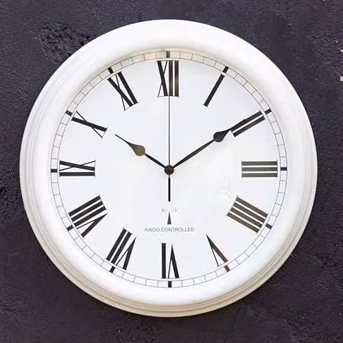 Primrose Radio Controlled Outdoor Garden Clock in Antique White, Diameter: 38 cm – 1