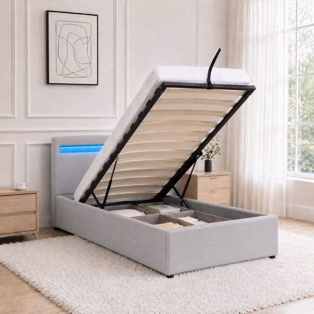 Comfy Living Modern Upholstered Gas Lift Ottoman Bed Frame with LED Under-Bed Lighting in Grey Single