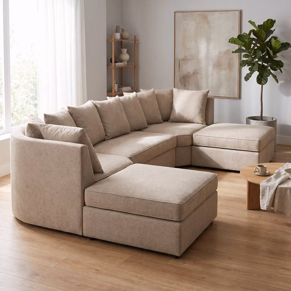 Abakus Direct Verona U-shape Corner Sofa in Beige Linen Fabric with Matching Ottoman and Scatter Cushions – 3