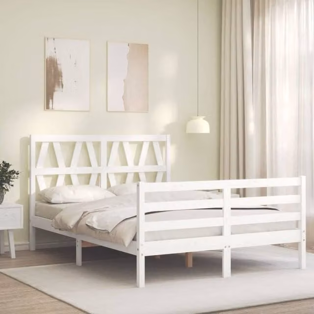 Berkfield Home Beautiful Small Double Solid Wood Bed Frame with Headboard in White