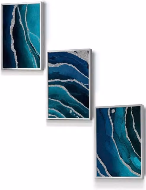 ARTZE Abstract Teal Blue and Silver Strokes Framed Wall Art in Wood, W: 33 cm, H: 45 cm, D: 0.2 cm