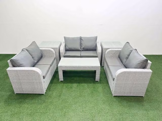 Fimous 6 Seater PE Wicker Rattan Garden Furniture Set in Light Grey with Oblong Coffee Table, 2 Seater Love Sofa and 2 Side Tables