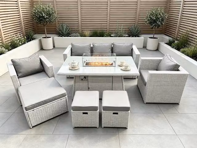 Fimous Rattan Garden Furniture Set with Gas Fire Pit, 3-Seater Sofa, Coffee Table and Ottoman in Light Grey – 1