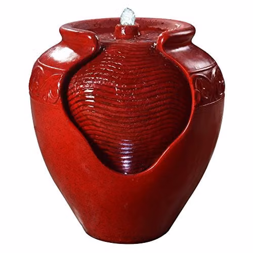 Teamson Home Red Cascading Water Feature with LED Lights, Square Polyresin and Ceramic Outdoor Garden Fountain, H 43.0 x W 39.0 x D 39.0 cm – 1