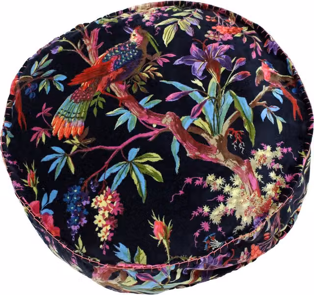 Paradise Round Velvet Cushion in Black and Multicolour