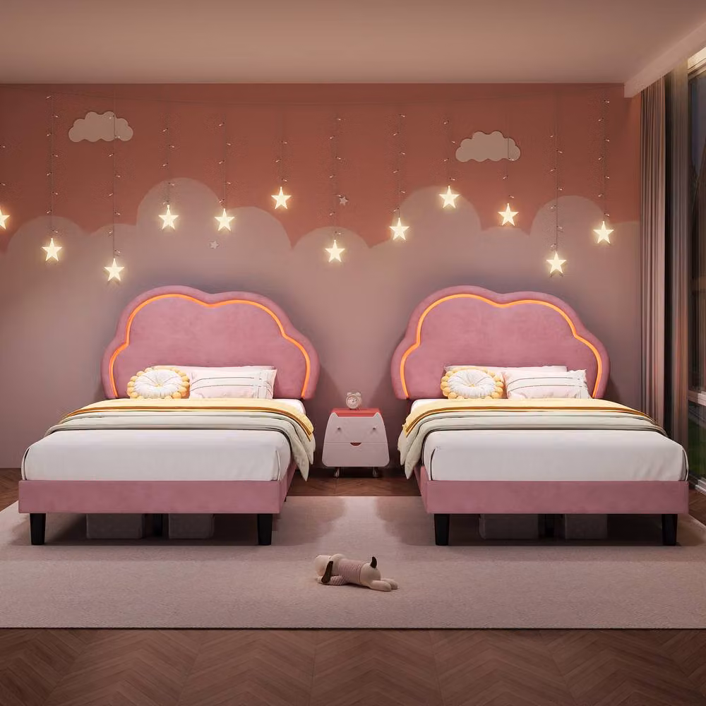 ModernLuxe Pink Velvet Upholstered Single Bed with Adjustable LED Cloud Headboard, W/D/H: 90 x 190 x 113 cm – 2