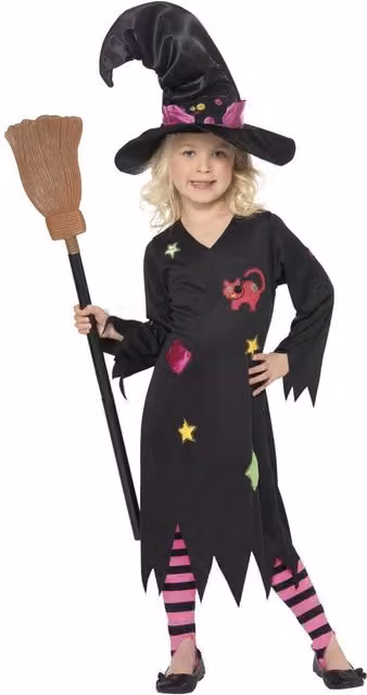 Smiffys Girls Cinder Halloween Witch Costume Set in Black, Pink and Multicolour, Age 7-9 Years