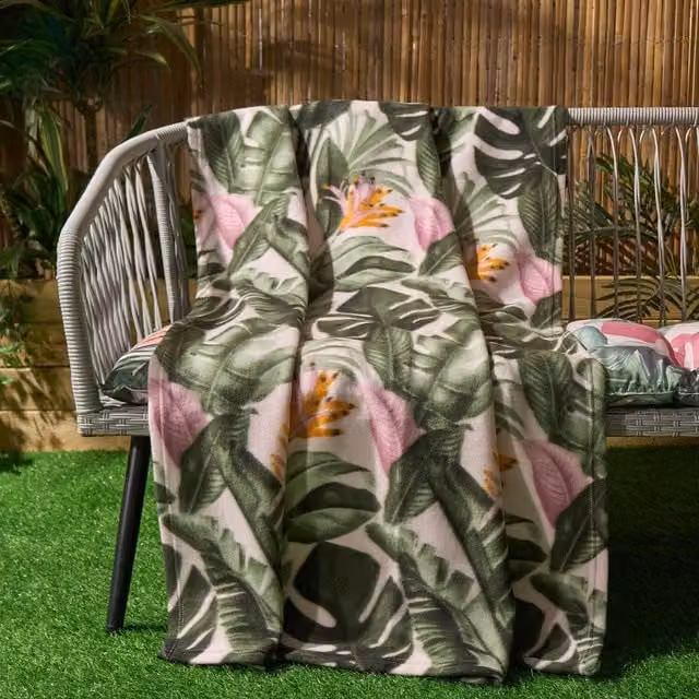 OHS Tropical Floral Fleece Throw in Green and Multicolour