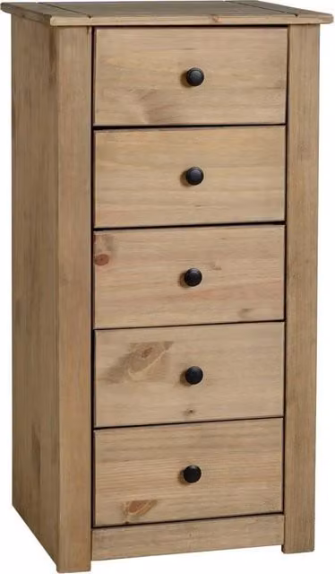 FORGEVIO Waxed Mexican Pine Narrow 5 Drawer Tallboy Storage Chest in Beige