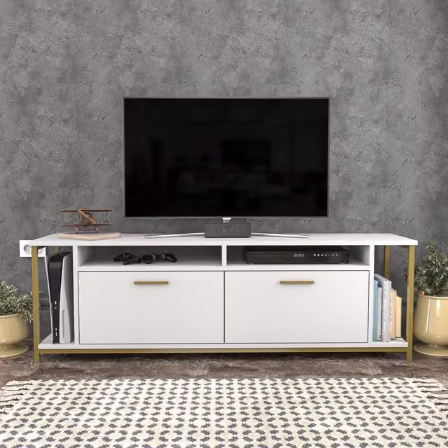 Decorotika Omar Modern TV Unit for TVs up to 72 inches, White and Gold