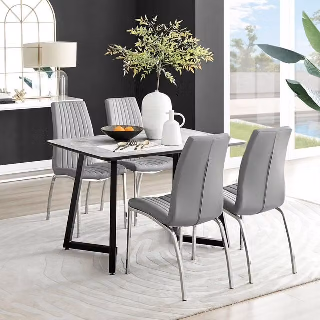 FurnitureboxUK Carson White Marble Effect Rectangular Dining Table and 4 Isco Faux Leather Chairs in Grey – 1