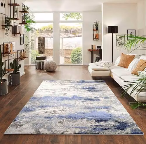 Serdim Rugs Abstract Modern Machine Woven Area Rug, Blue and Silver, W: 120 cm, L: 170 cm – 1
