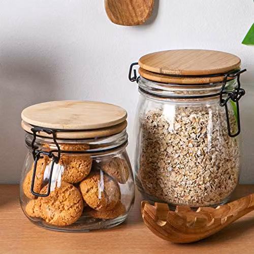 Argon Tableware Glass Storage Jars with Airtight Wooden Clip Lids, 0.75 l, Pack of 3, Black and Transparent – 3