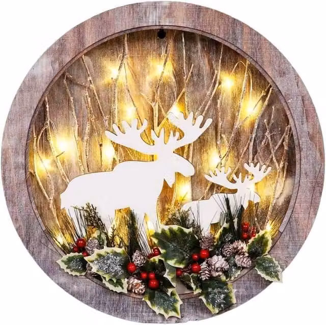 Shatchi Wooden Christmas Reindeer Scene Tabletop Centrepiece, Wreath Shape, Brown and Red, W30 x D4.5 x H30 cm – 7