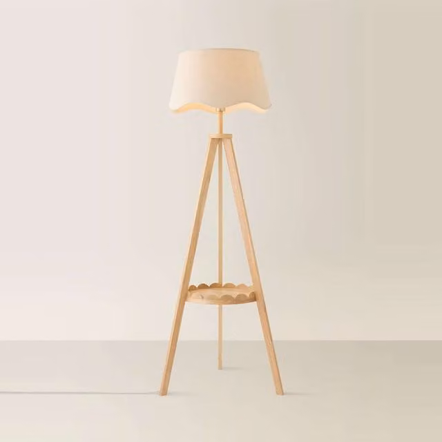 ValueLights Morrigan Scallop Shelf Tripod Floor Lamp in Wood with Green and Beige Fabric Shade – 1