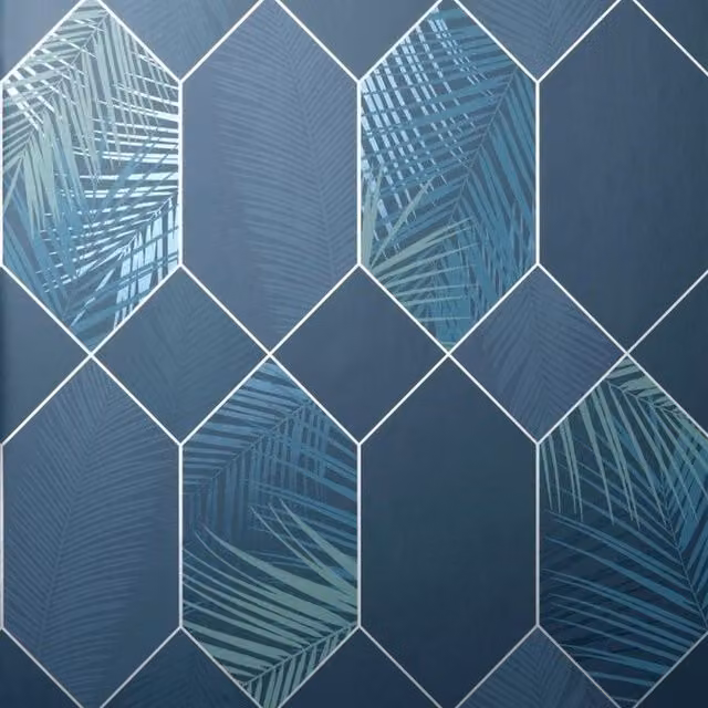 Fine Décor Miami Geometric Leaf Wallpaper in Blue