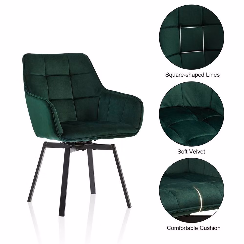 Kelvenix Green Velvet Swivel Dining Chair with Armrests and Metal Frame – 3