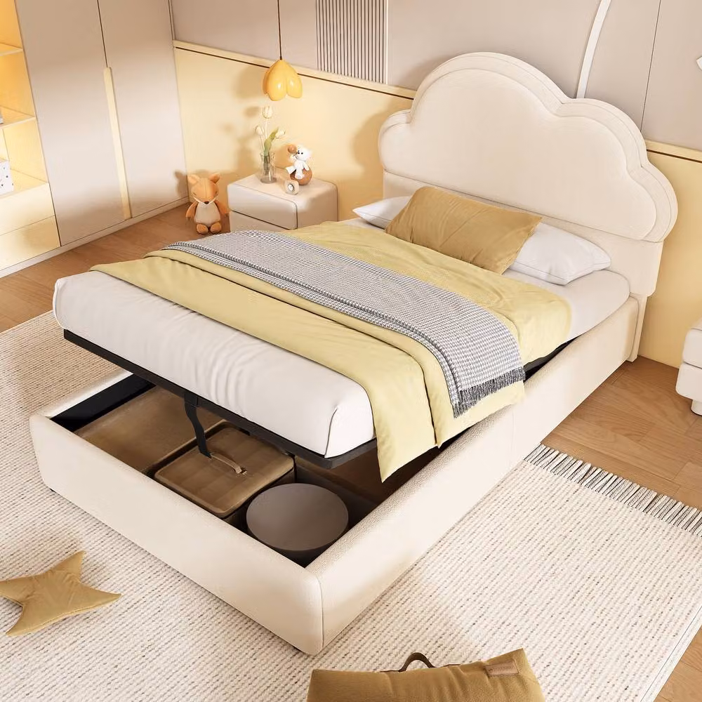 Matteo Single Upholstered Bed with Hydraulic Lift Storage and Cloud Backrest in Beige, W/D/H: 90 x 190 x 117.5 cm – 2