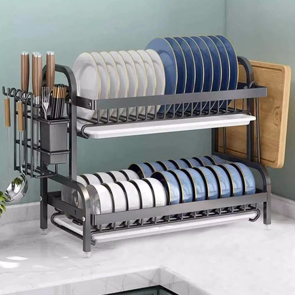 Kelvenix 2-Tier Black Dish Drying Rack with Drip Tray and Cutlery Holder – 4