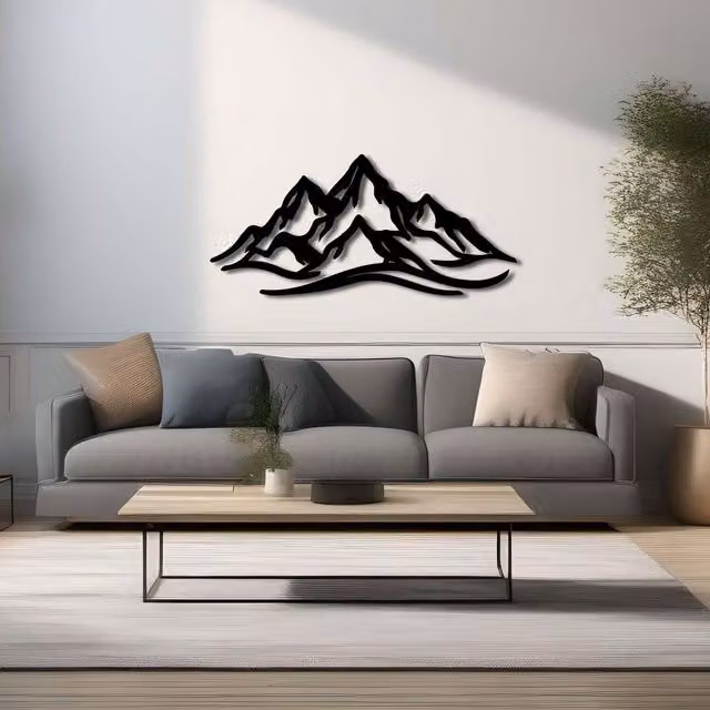 YOUR HOME RULEZ Black Metal Mountain Landscape Wall Art, Width: 120 cm