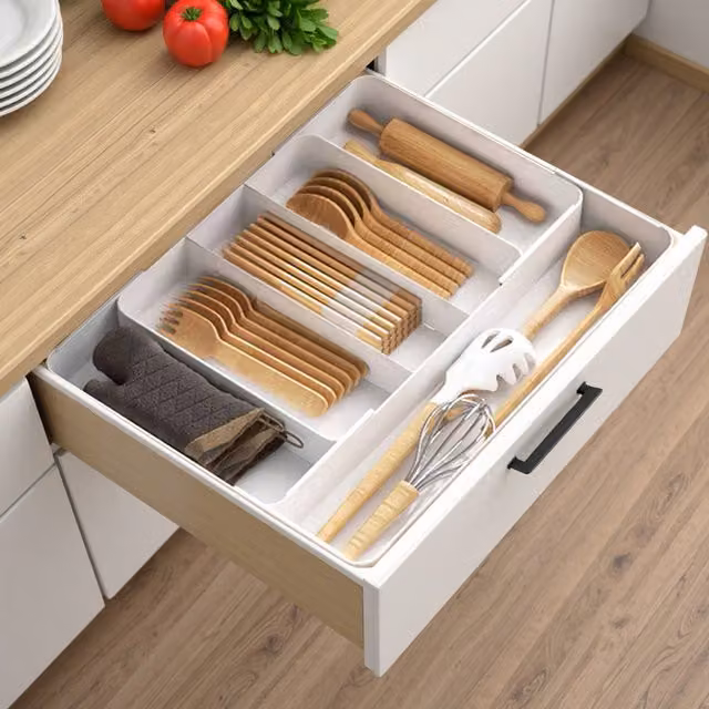 Livingandhome Expandable Multi-Compartment Plastic Drawer Organizer with Divider, White, Width: 27-39 cm