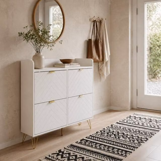 Wyld Haus Zikase White Slim Shoe Cabinet with 4 Tilting Compartments and Gold Details – 1