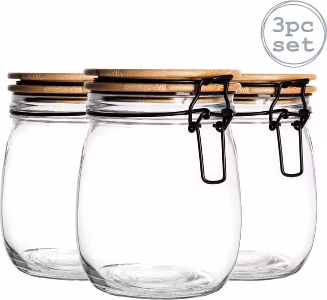 Argon Tableware Set of 3 Transparent Glass Storage Jars with Black Wooden Clip Lids, 0.75 l each