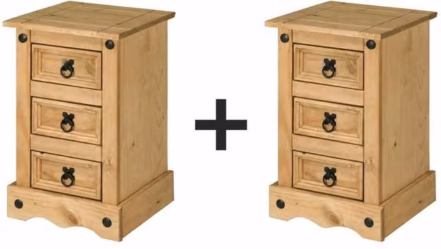 Havendro Set of 2 Rustic Brown Waxed Pine 3-Drawer Bedside Tables