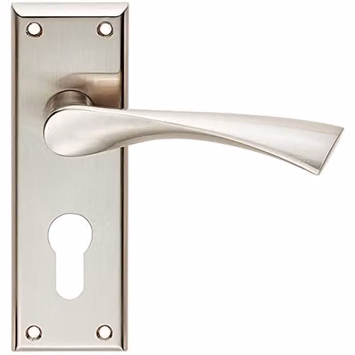 Loops Pair of Angular Lever on Euro Lock Backplate Door Handles in Brushed Silver Nickel, W: 150 mm, H: 50 mm