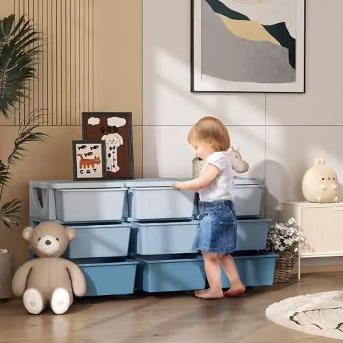 HOMCOM 3-Tier Plastic Kids Toy Storage Unit with 9 Drawers, Blue, W/D/H: 56.5 x 37.0 x 113.0 cm – 2