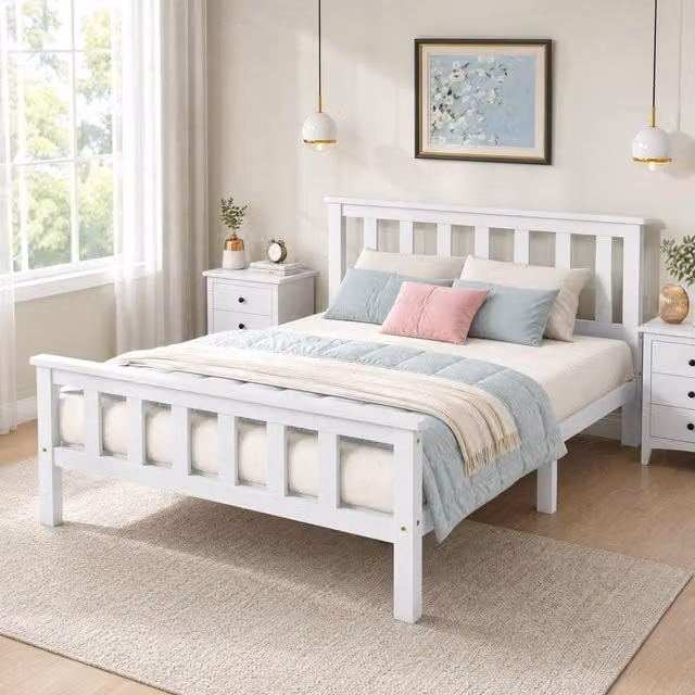 STILVORA Single 3ft Bed Frame in White Lacquered Solid Pine Wood, W/D/H: 90 x 190 cm