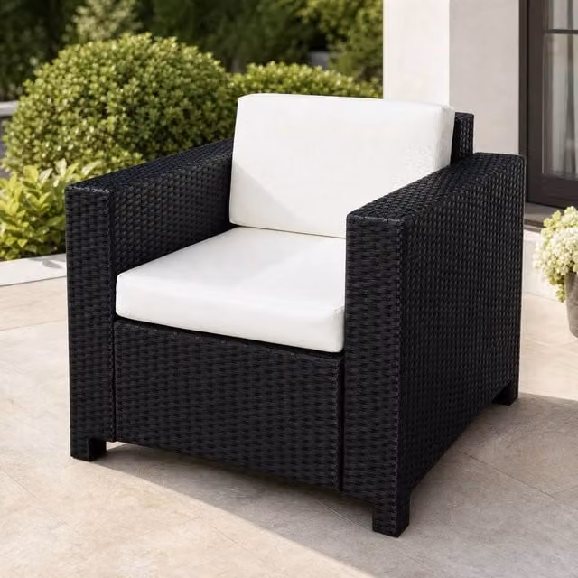 STILVORA Black Rattan and Metal Armchair with Cushions