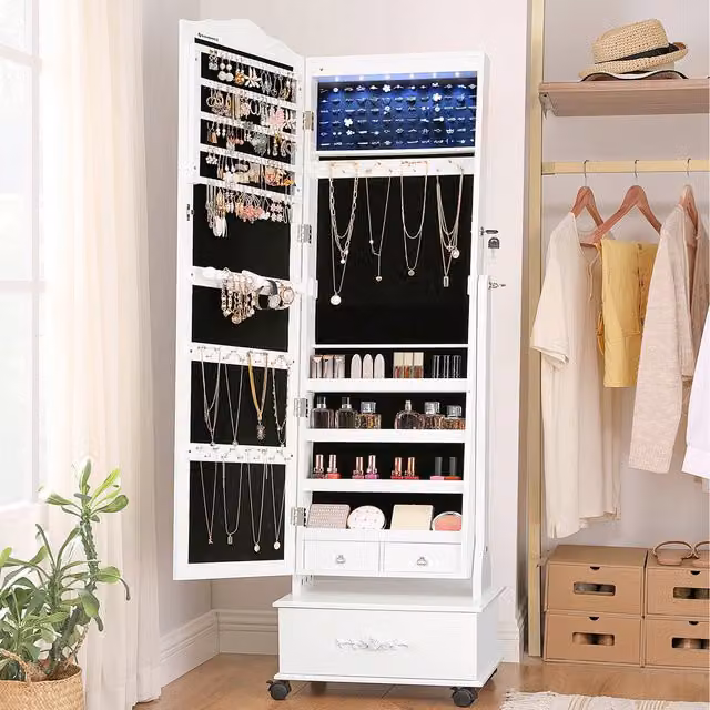SONGMICS Jewellery Cabinet with LED Lighting and Lock, White, H 156 x W 45 x D 45 cm