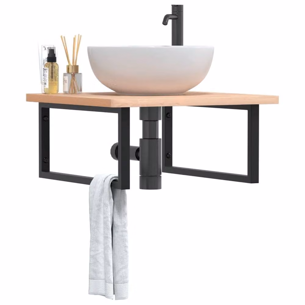 Berkfield Home Wall Mounted Basin Shelf in Natural Beech and Steel – 1