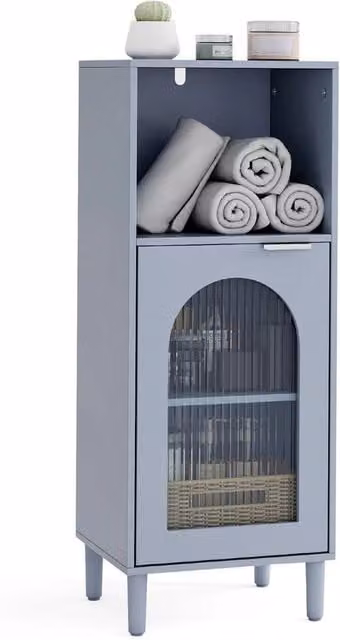Kelvenix Freestanding Wood Side Storage Cabinet with Glass Doors in Grey – 1